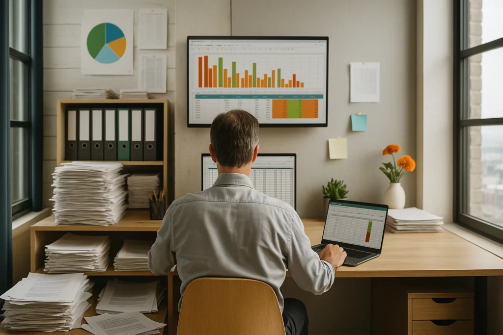 Image of man sitting at desk in front of excel