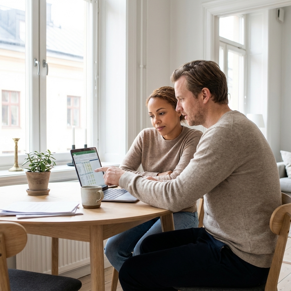 Couple reviewing a Life Insurance Calculator in Excel on a laptop