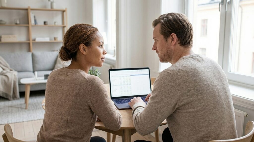 Couple discussing life insurance options while looking at a laptop with an Excel calculator on the screen