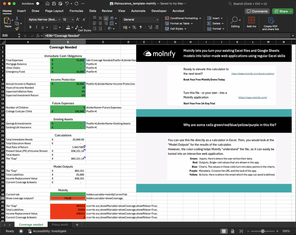 Excel worksheet showing inputs for a Life Insurance Calculator in Excel