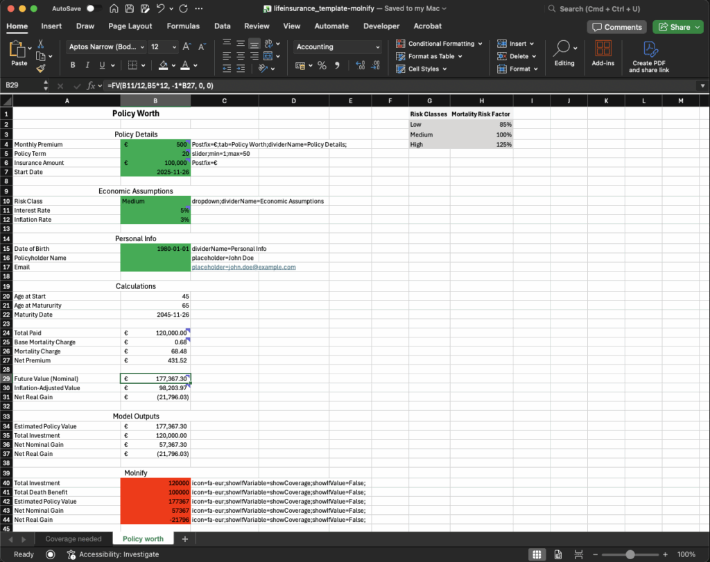 An image showing the second sheet in an Excel model