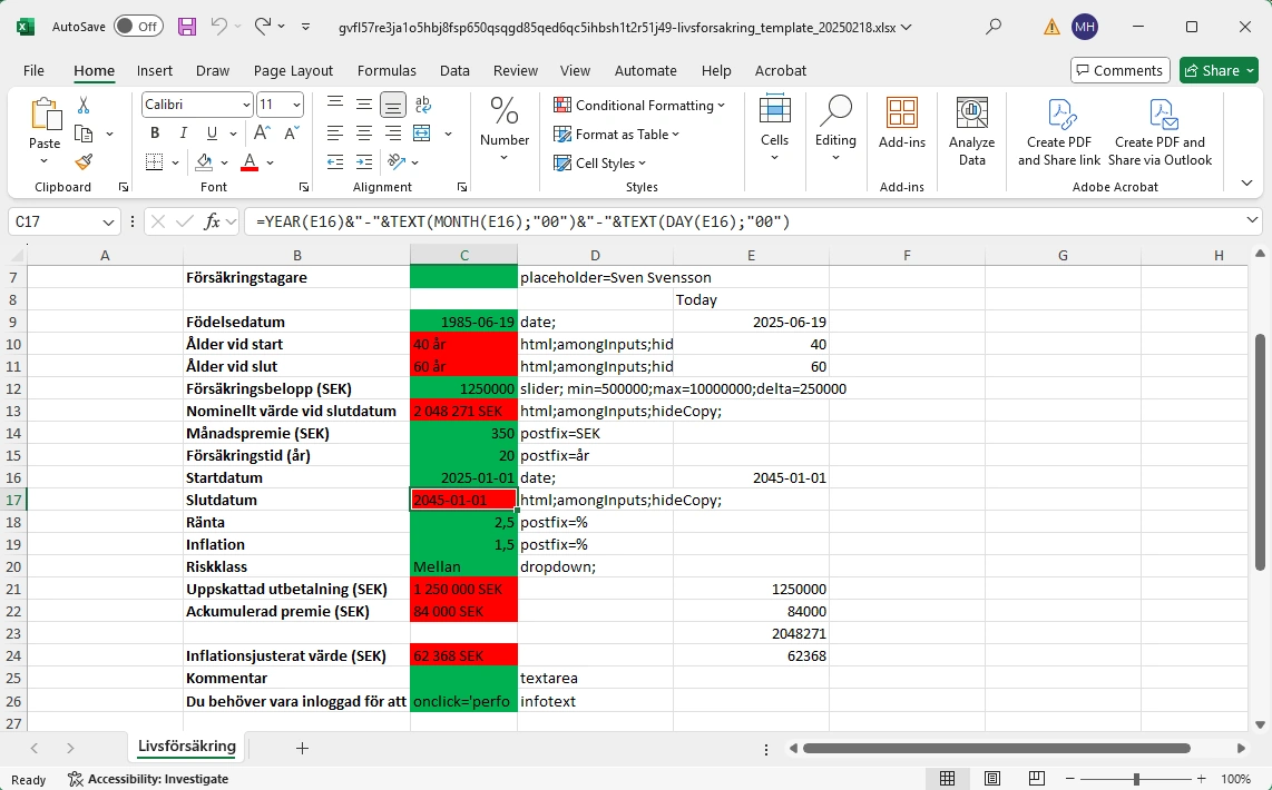 En Excel-fil där inputs är färgade gröna och outputs är färgade röda