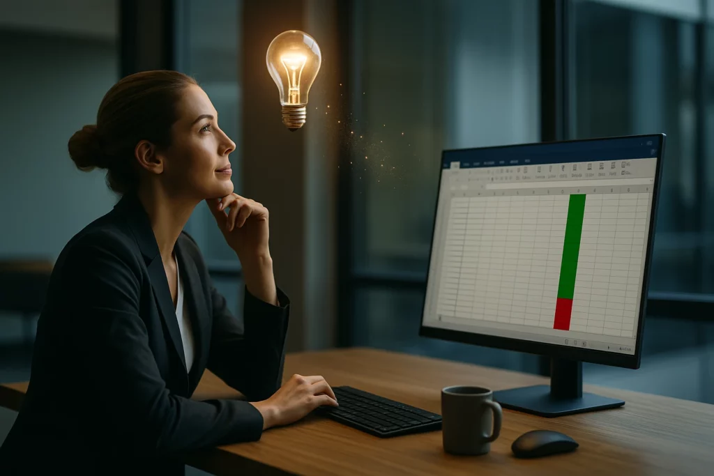 A woman having an idea while colouring Excel cells green and red