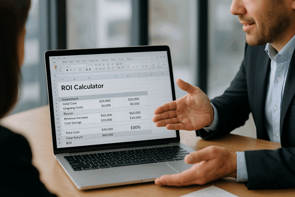 Man presenting ROI calculator on laptop screen during a business meeting in a modern office