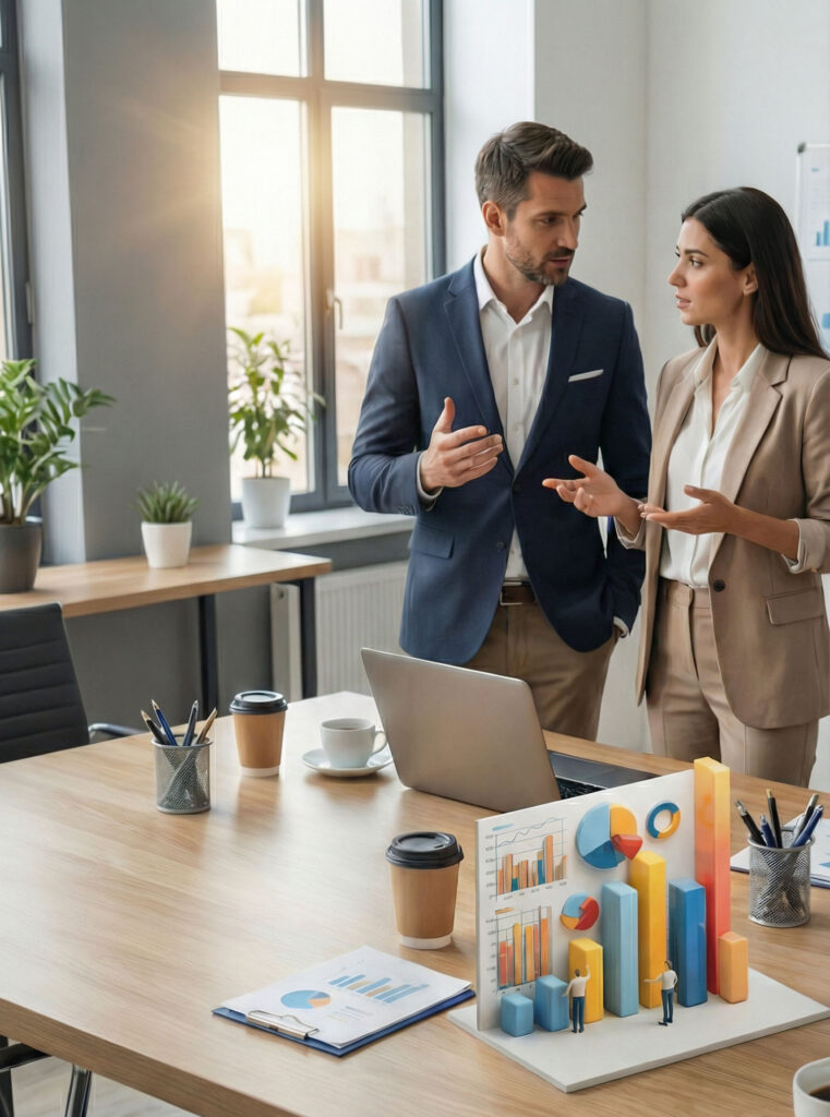 Business team reviewing an ROI calculator with charts and financial projections on a laptop