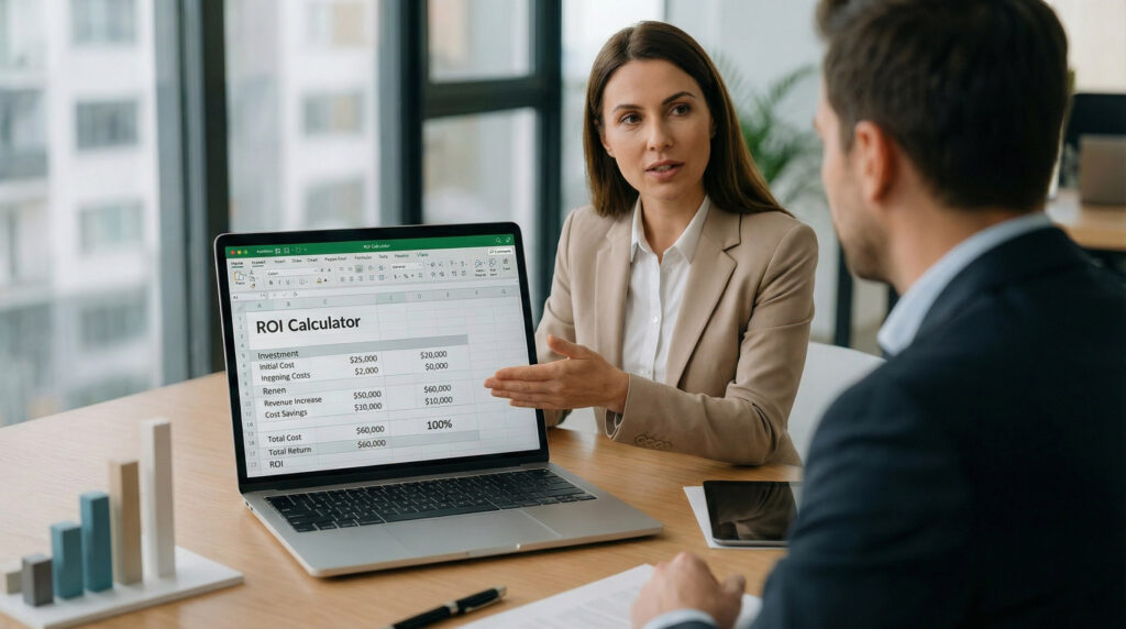 Sales discussion using an Excel ROI calculator to evaluate investment returns