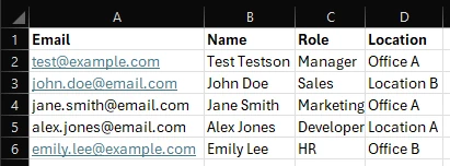 Mock user data, organised in columns.
