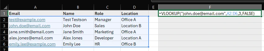 Using a VLOOKUP to find the role of a user.