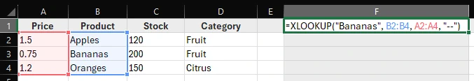 Using the XLOOKUP Excel formula to look to the left of the Product column.