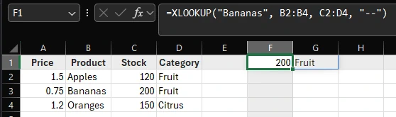 XLOOKUP can return multiple columns/rows - here it returns the Stock and the Category of the product "Bananas".