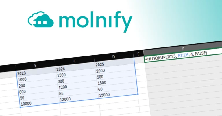 Spreadsheet snippet with Molnify logo and HLOOKUP formula example for guide.