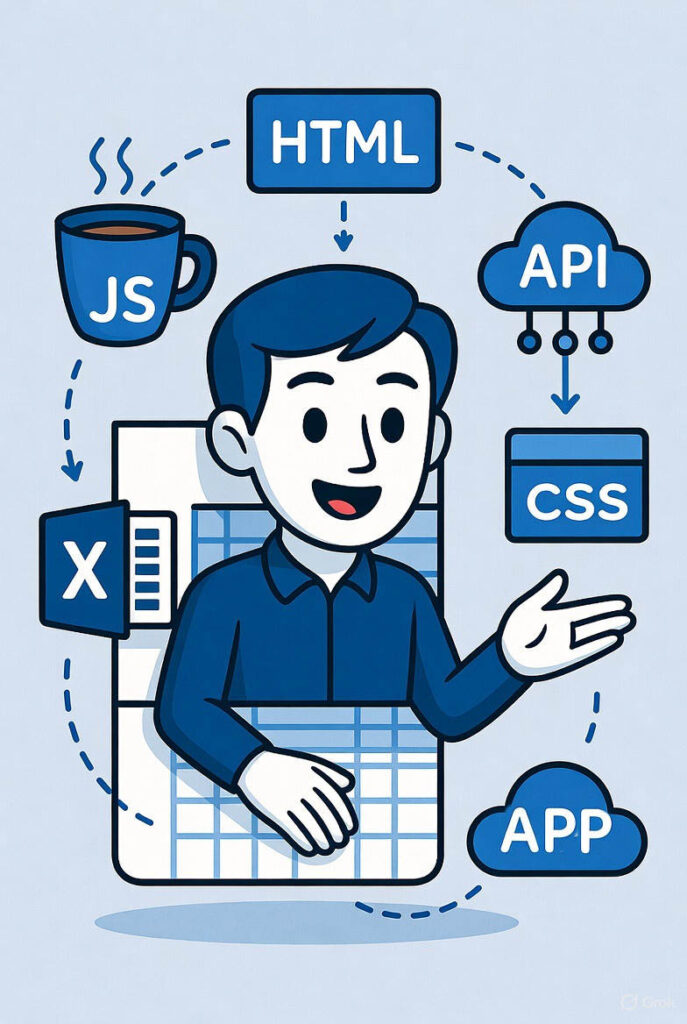 An image showing that Molnify supports Excel, JavaScript, HTML, CSS, SQL and API in a cartoon style