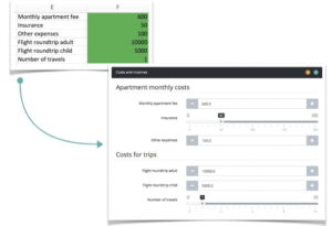 An image showing Molnify inputs as green cells in Excel and what the result is in a Molnify app.