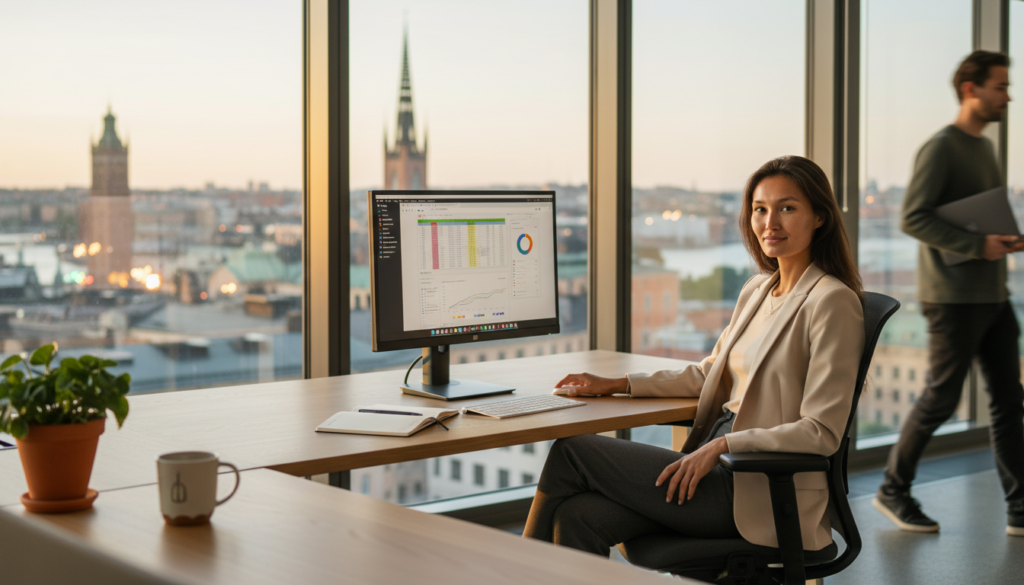 A woman at a clean modern desk reviewing an interactive dashboard built from spreadsheet data, with Stockholm's Riddarholmen church visible through floor-to-ceiling windows.