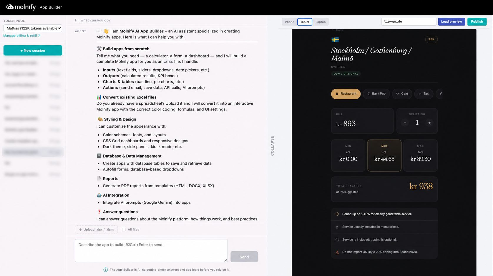 The Molnify App Builder GUI: a chat panel on the left where you describe an app, the AI assistant listing what it can build, and a live preview of the resulting app on the right