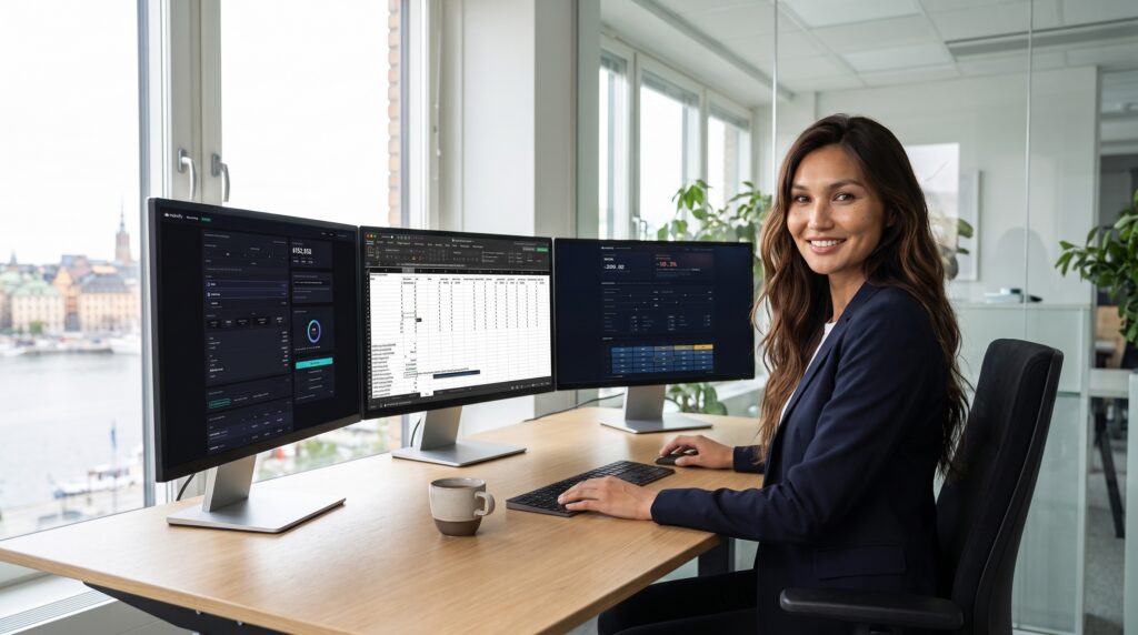 Maya, Molnify's AI teammate, at a three-monitor desk in a bright Stockholm office: a Quote Studio app, the Excel model behind it, and a DCF valuation app