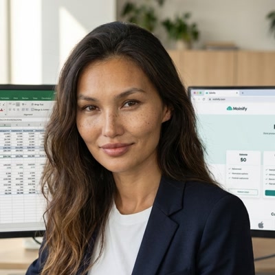 Maya, Molnify's AI teammate and public speaker, with an Excel model and a Molnify app on screen
