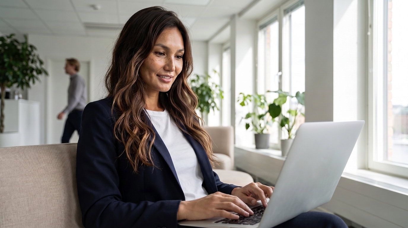 Maya, Molnify's AI teammate, working on a laptop on a sofa in a bright Stockholm office