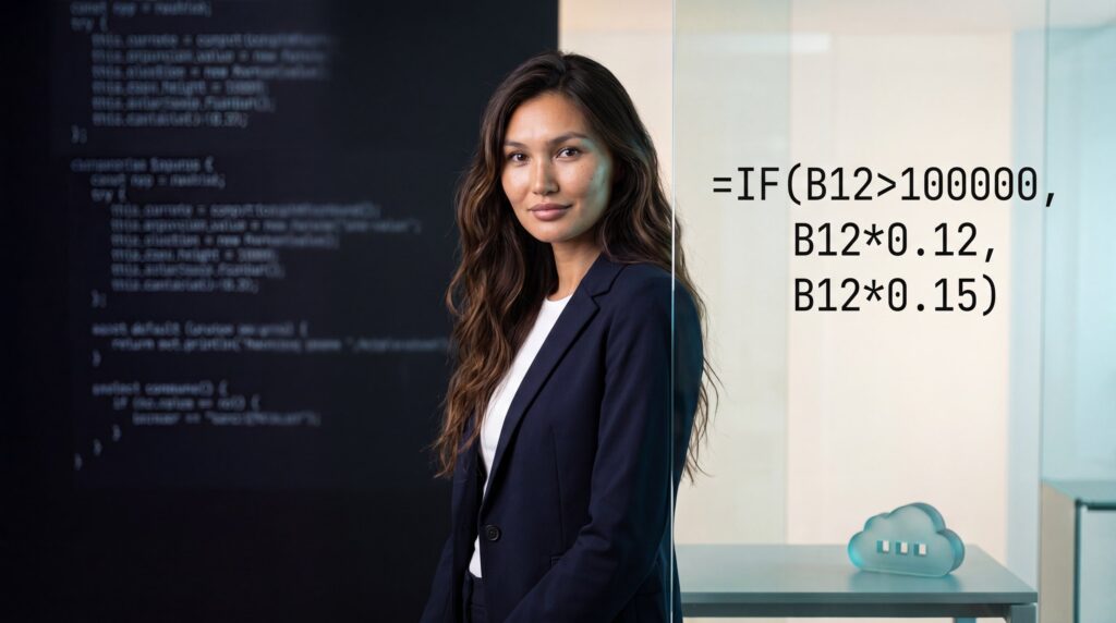 A professional beside a glass pane showing a readable spreadsheet formula, with opaque blurred code on the dark wall behind - auditable business logic versus opaque vibe-coded software.