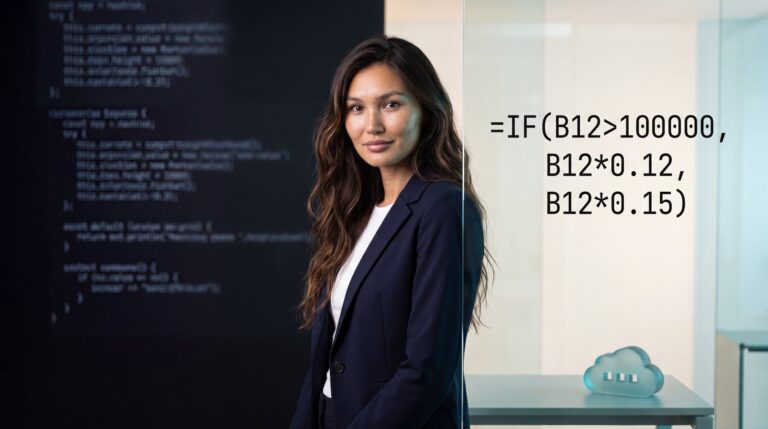 A professional beside a glass pane showing a readable spreadsheet formula, with opaque blurred code on the dark wall behind - auditable business logic versus opaque vibe-coded software.