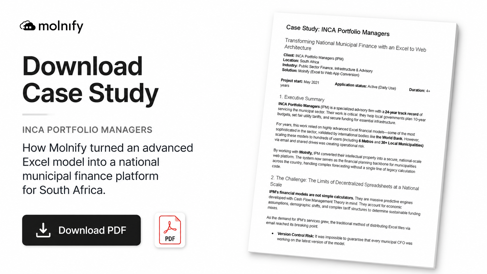 Download the INCA Portfolio Managers case study (PDF): how Molnify turned an advanced Excel model into a national municipal-finance platform for South Africa.