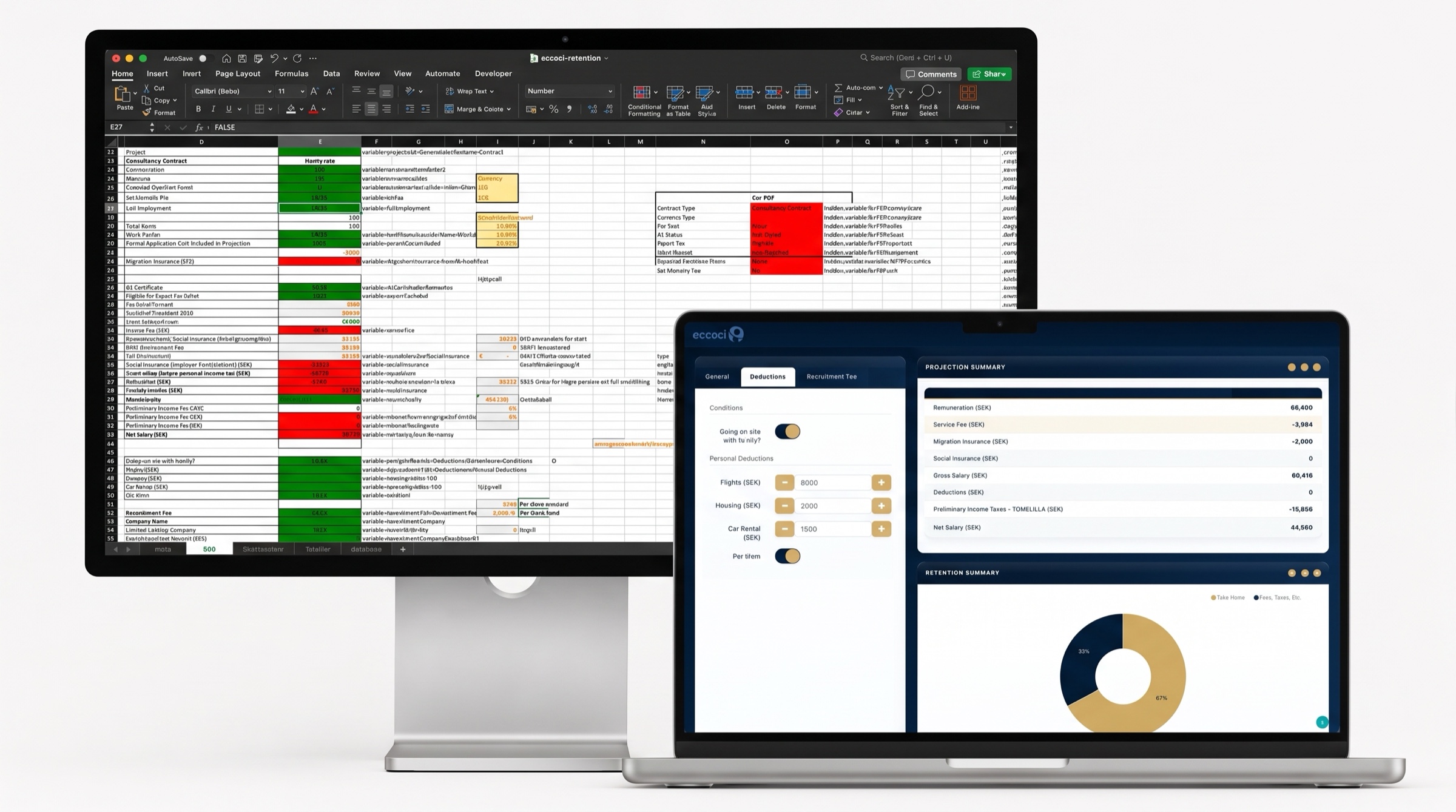 The same logic, two faces: Christian Schanner's colour-coded Excel model on a desktop monitor, and the navy and gold Molnify web app it compiles into on a laptop, showing deductions and the retention summary.