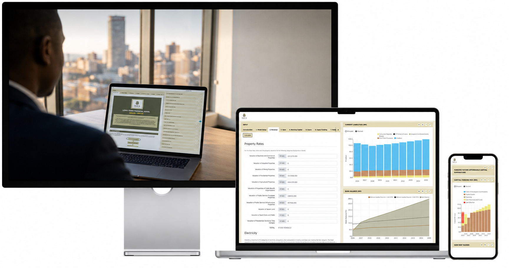 An executive reviews INCA Portfolio Managers' long-term financial model (built in Excel and delivered as a Molnify web app) on a laptop and phone, overlooking a South African city skyline.