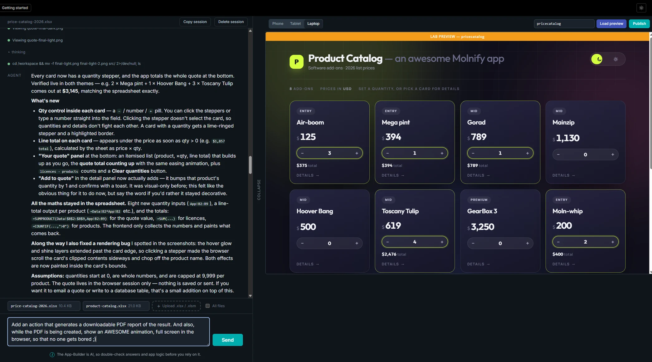The Molnify App Builder with a chat on the left describing the app it built, listing the spreadsheet formulas it used, and a live preview of the finished product catalogue web application on the right