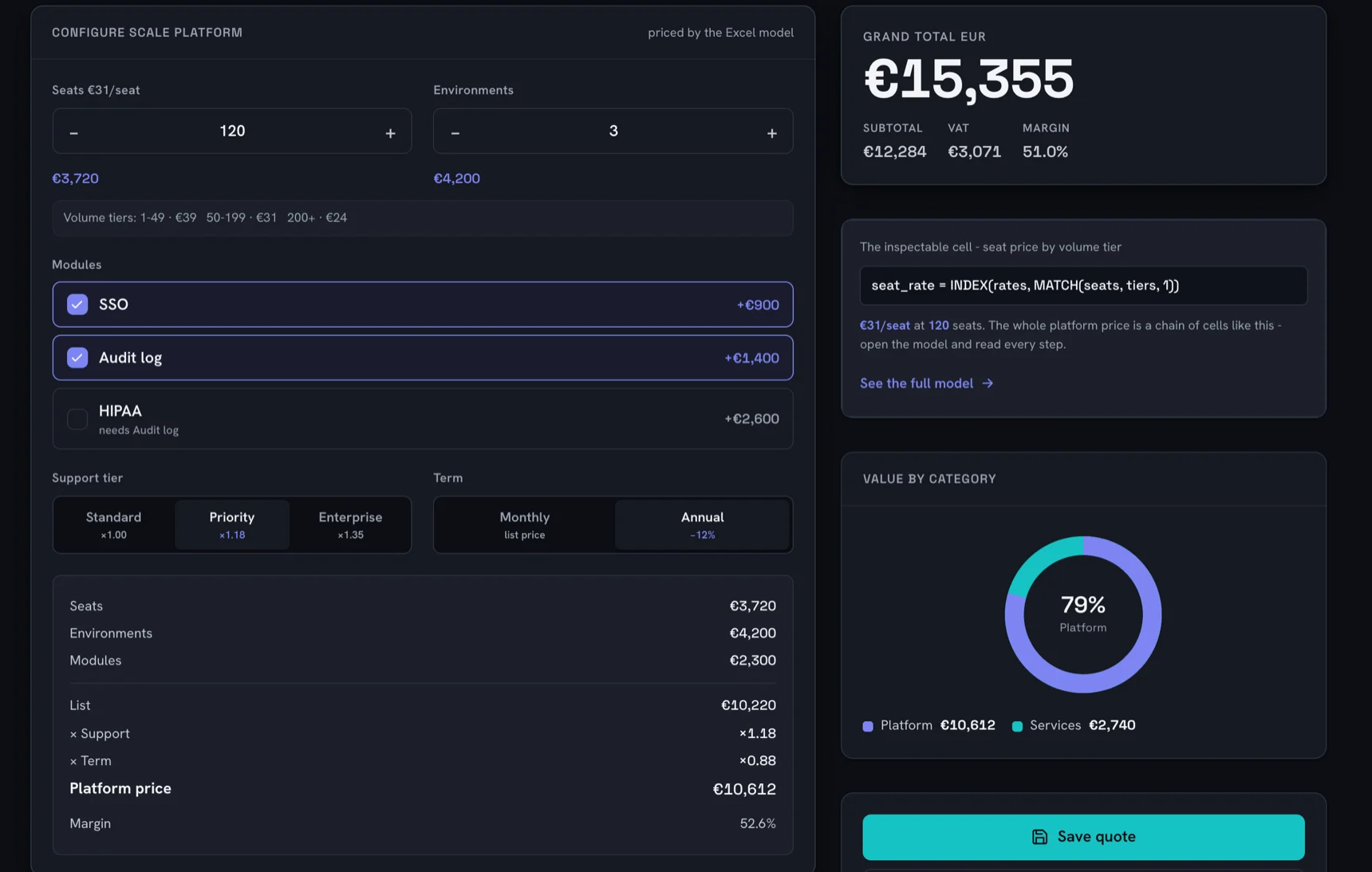 The Quote Studio demo app in dark mode: a configurator with seats, environments, modules, support tier and term, a grand total of EUR 15,355, and the app's inspectable cell panel showing the Excel formula seat_rate = INDEX(rates, MATCH(seats, tiers, 1)), EUR 31 per seat at 120 seats