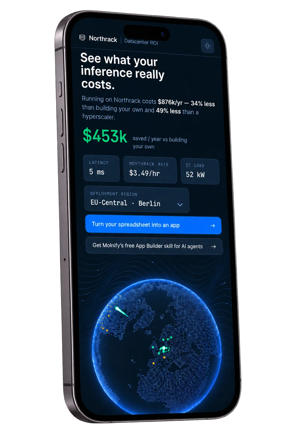 A phone running the live Datacenter ROI calculator built with the Molnify App Builder: inference cost comparison, latency, rate and IT load cards, a deployment region picker and a dotted globe visualisation