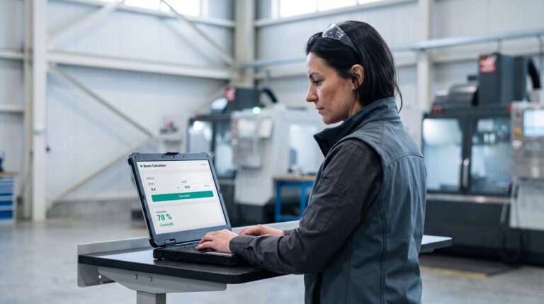 An engineer on a factory floor running a beam calculation as a Molnify web app on a rugged laptop, showing 78 per cent utilisation and a capacity check that passes