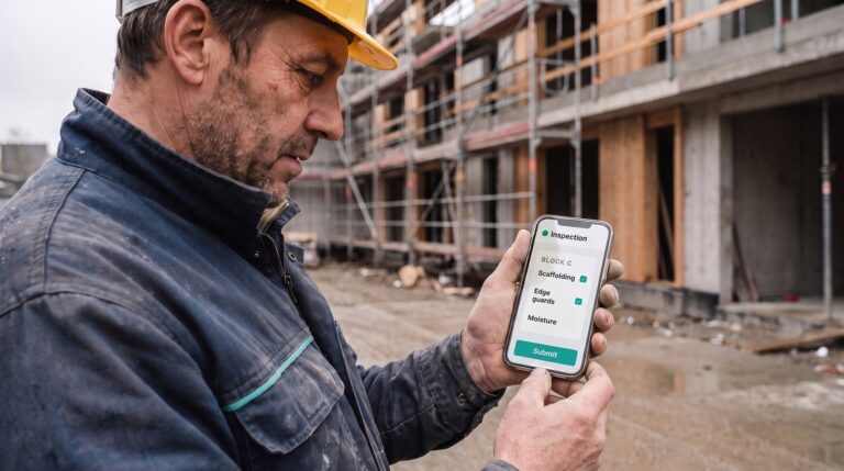 A site supervisor at a residential building site completing an inspection checklist on his phone, built as a Molnify web app