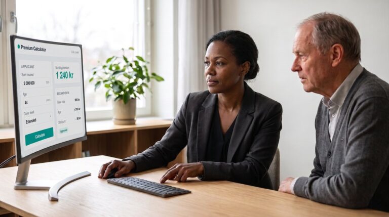 An adviser and a client looking at a premium calculator built as a Molnify web app, showing a monthly premium of 1,240 kronor and the base rate, age loading and discount behind it