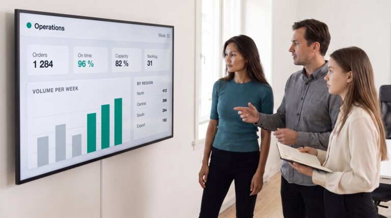 Three colleagues reviewing an operations dashboard on a wall-mounted screen, built as a Molnify web app, showing 1,284 orders and 96 per cent on-time delivery