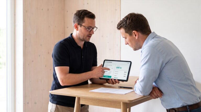 A salesperson showing a customer a quote on a tablet, built from an Excel model as a Molnify web app, with a unit price of 289 kronor and a gross margin of 34 per cent