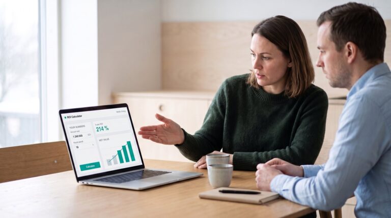 Two colleagues at a meeting table reviewing an ROI model that runs as a Molnify web app on a laptop, showing a three-year return on investment of 214 per cent