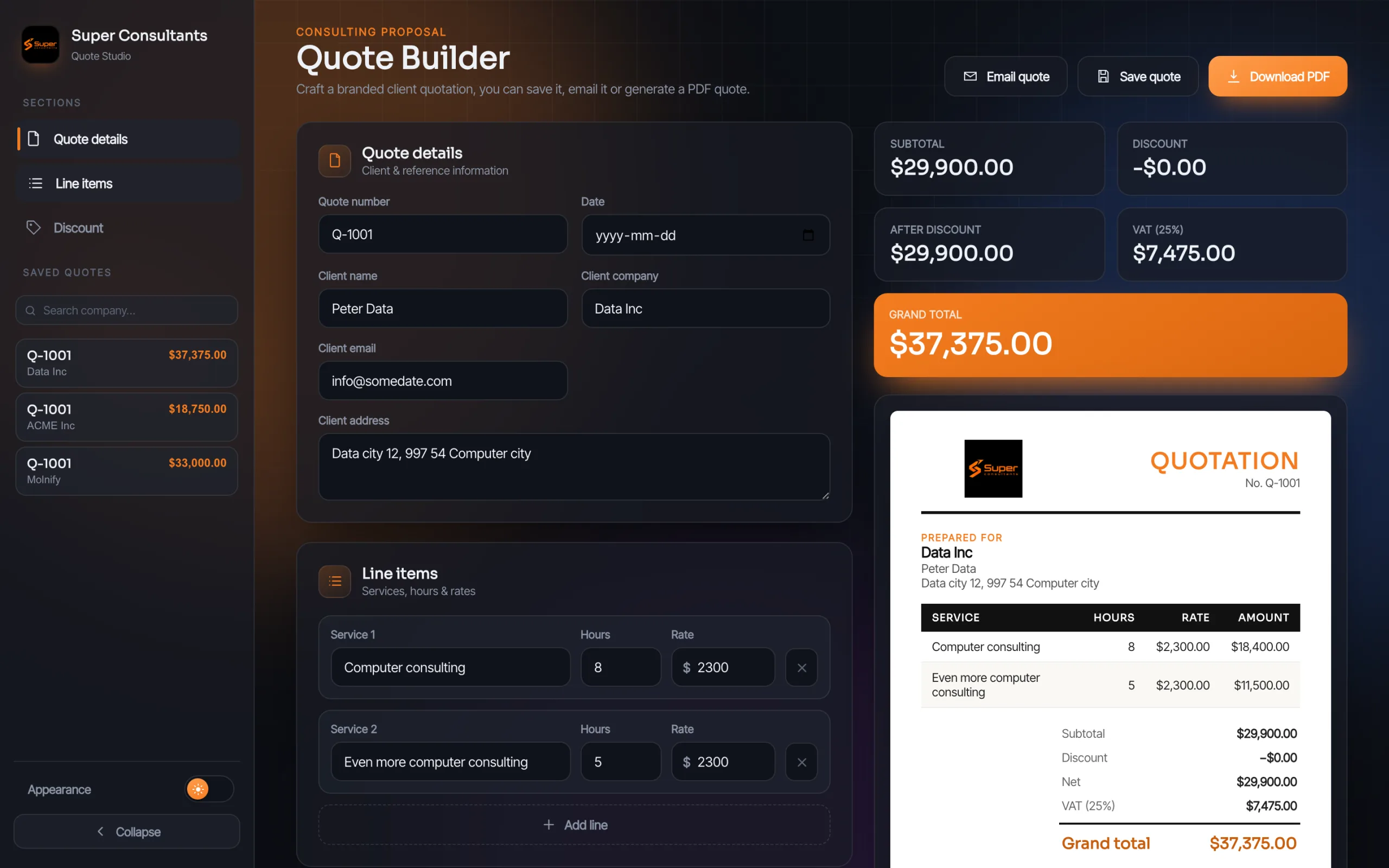 The Super Consultants Quote Builder app built with Molnify App Builder, dark interface with orange accents, line items for consulting services, a grand total of $37,375.00 and a PDF quotation preview