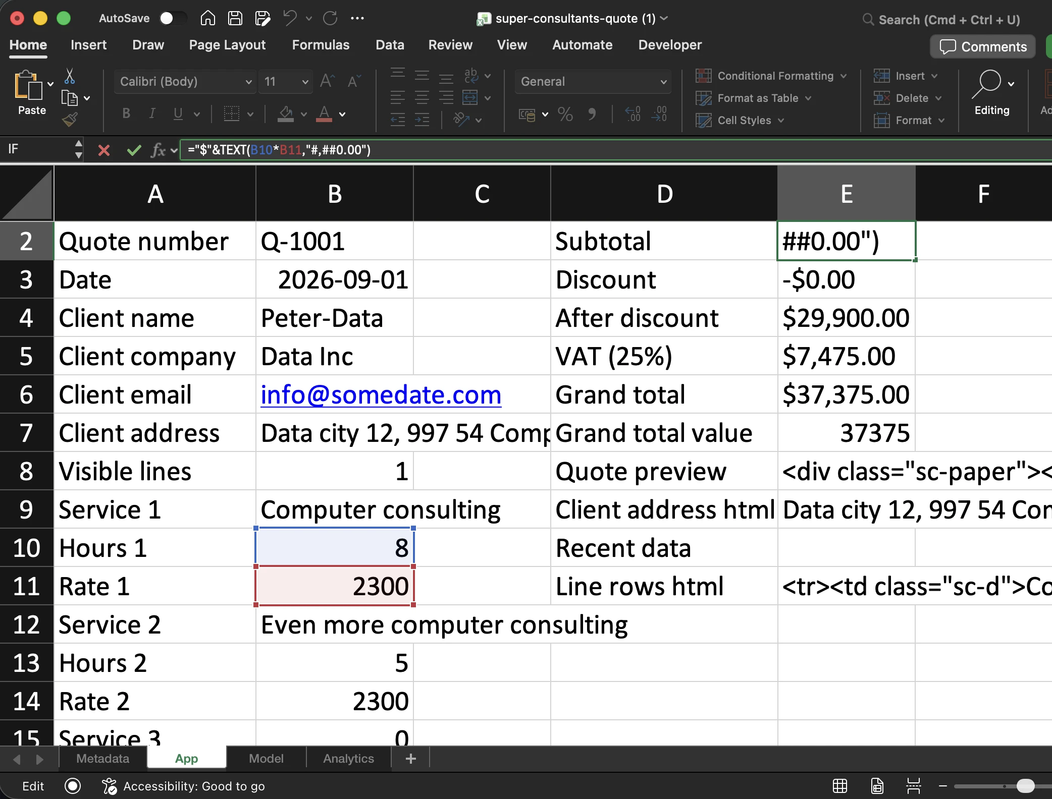 The Excel model behind the Super Consultants Quote Builder, open in Excel: quote number, client fields, services, hours and rates, next to the subtotal, VAT and grand total cells matching the app, with an ordinary Excel formula in the formula bar