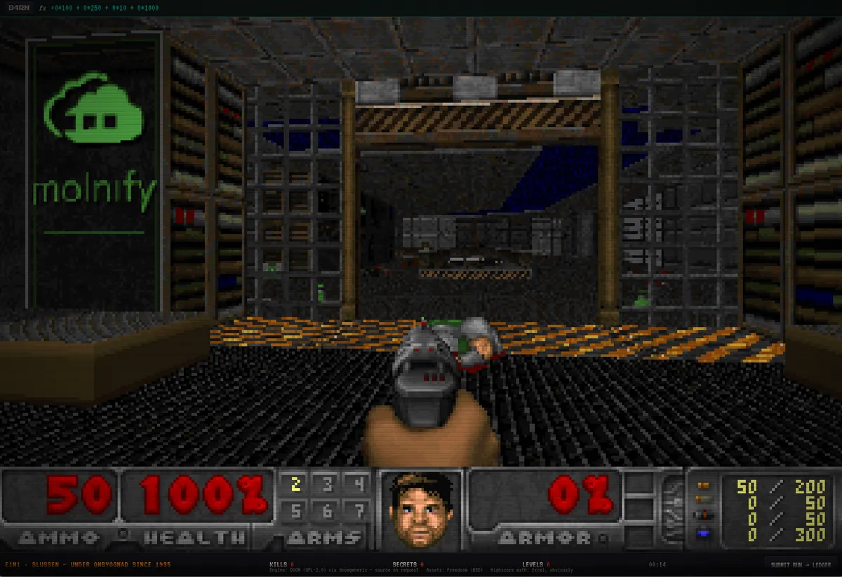 Real Doom running as a Molnify app: the Molnify logo lit up green on the wall of level one, the score formula in the bar at the top of the screen, and the status bar reading E1M1, Slussen, under ombyggnad since 1935
