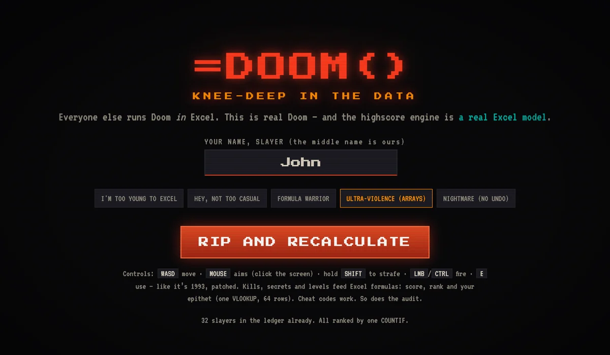 The =DOOM() start screen running as a Molnify app: the title equals DOOM open paren close paren over the line Knee-Deep in the Data, a name field holding the slayer name John, five difficulty levels from I am too young to Excel up to Nightmare with no undo, and a Rip and Recalculate button