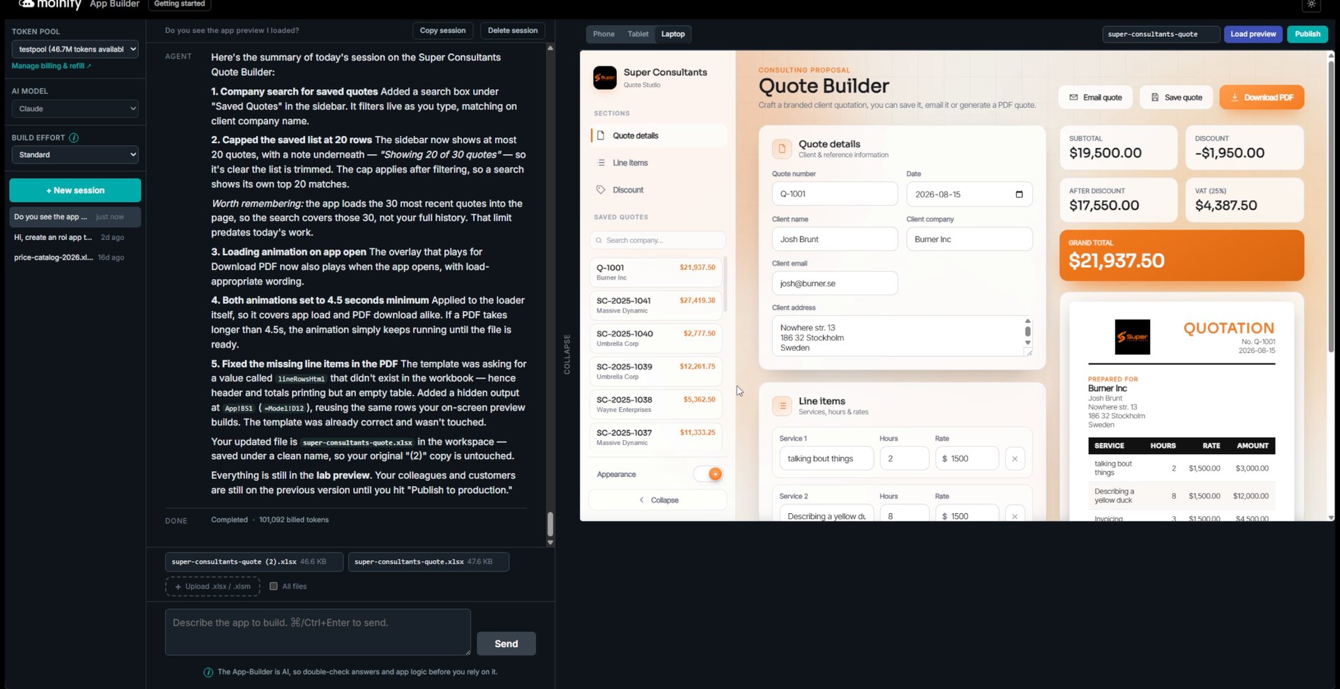 The Molnify App Builder GUI: the AI's summary of an update session on the left and the running Quote Studio app in the live preview on the right