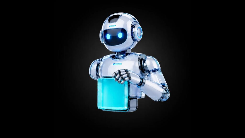 The Molnify App Builder robot holding a glowing teal block, on a black background - the hero of the App Builder page