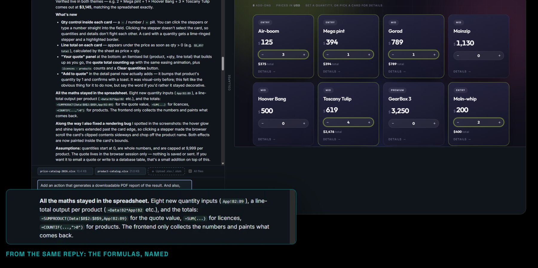 One Molnify App Builder session: the AI's chat reply on the left, the finished quoting app on the right, and a zoomed panel where the reply names the Excel formulas it wrote