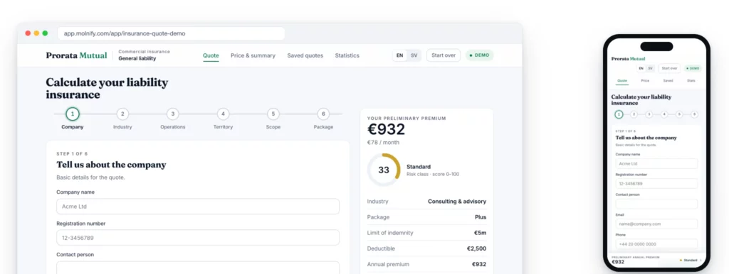 Insurance premium calculator built in Excel and transformed into an interactive web app with Molnify.